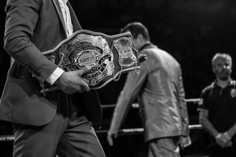  French promoter El Hadj Mekedem carrying an ISKA belt which would be awarded at the gala ‟Time Fight‟ in Tours, France.