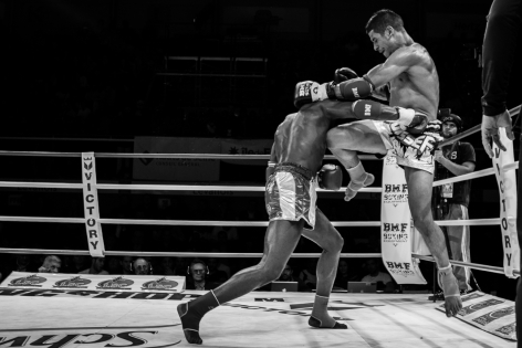 Youssef Boughanem jumped knee Youssef Boughanem hits a jumped knee on Djimé Coulibaly during their fight at the gala ‟Victory‟ in Levallois, France.