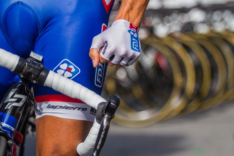  Detail of a cyclist from team FDJ as he gets ready to start the tour ‟Eurométropole 2014‟.