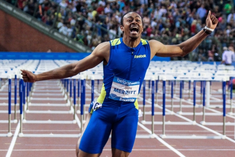  Aries Merritt (USA) euphoric after setting a new  World Record of 12s80 for the Men's 110m Hurdles at the Memorial Van Damme Stadium in Brussels, Belgium.