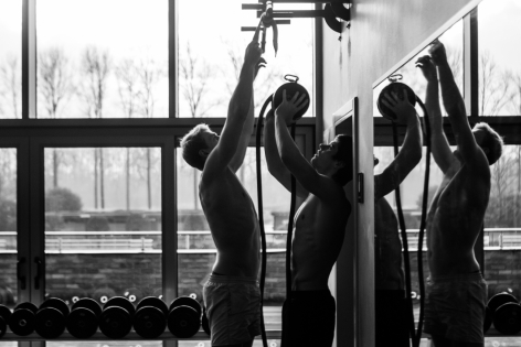  Belgian swimmers Basten Caerts and Lander Hendrickx during a training at the Gym as part of the preparation for the Olympics in 2016 at the Flemish Training Center of the Swimming Federation in Wachtebeke, Belgium. 