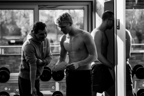  Belgian swimmer Nils Van Audekerke talks to the image analysis coordinator Stefan Deckx during a training at the Gym as part of the preparation for the Olympics in 2016 at the Flemish Training Center of the Swimming Federation in Wachtebeke, Belgium. 