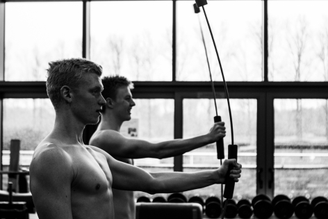  Belgian swimmers Nils Van Audekerke  ( Left) and Thomas Thijs training at the Gym as part of the preparation for the Olympics in 2016 at the Flemish Training Center of the Swimming Federation in Wachtebeke, Belgium.  
