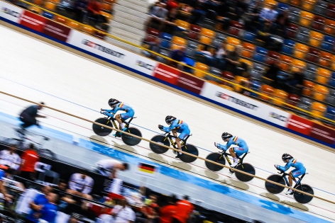  Belgian team competes in the Men's Team Pursuit of the UCI Track World Cup in Apeldoorn, Netherlands.