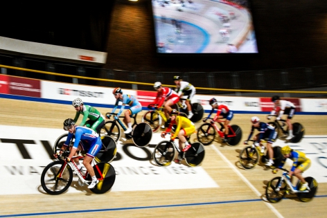  Athletes compete in the Women's Elimination race of the Omnium of the UCI Track World Cup in Apeldoorn, Netherlands.