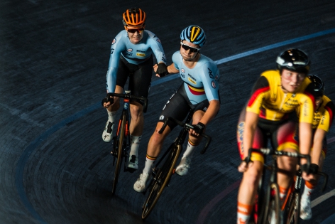  Jolien D'Hoore and Lotte Koppecky of Belgium compete during women's Madison of the Belgian International Track Meeting.