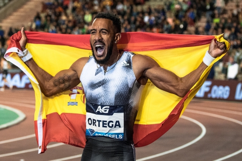 Orlando Ortega of Spain reacts after winning the Men 110m hurdles of the Memorial Van Damme  2019 in Brussels, Belgium.