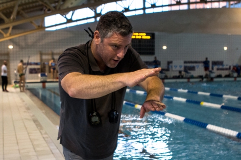  Belgian coach Rik Valcke during a training at the swimming pool as part of the preparation for the Olympics in 2016 at the Flemish Training Center of the Swimming Federation in Wachtebeke, Belgium.  