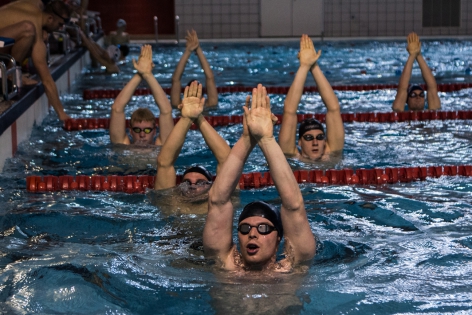  Belgian swimmers during a training at the swimming pool as part of the preparation for the Olympics in 2016 at the Flemish Training Center of the Swimming Federation in Wachtebeke, Belgium. 