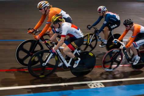  Kirsten Wild of the Netherlands and Sarah Hammer of the United States, compete in the Women's Points race during the Belgian International Track Meeting 2017 in Ghent, Belgium.