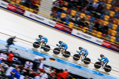  Belgian team compete in the Men's Team Pursuit of the UCI Track World Cup 2016 in Apeldoorn, Netherlands.