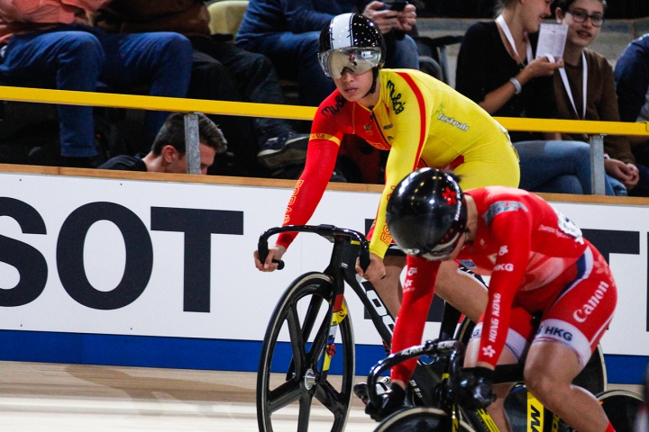  Lee Wai Sze of Hong Kong (R) and Tania Calvo of Spain compete in the Women's Sprint final during the UCI Track World Cup in Apeldoorn, Netherlands.