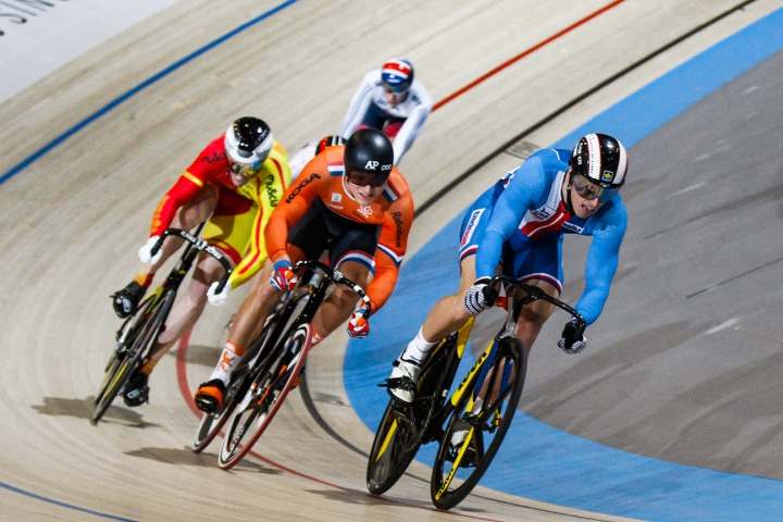  Tomas Babek (CZE), Jeffrey Hoogland (NED) and Juan Peralta Gascon (ESP) compete in the Men's Keirin semi-finals during the UCI Track World Cup in Apeldoorn, Netherlands. 