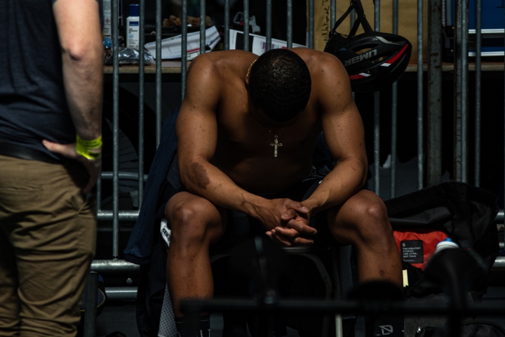  Nicholas Paul of Trinidad & Tobago waits on the warming area before the Men Sprints finals of the UCI Belgian International Track Meeting  in Ghent, Belgium.