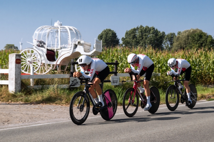  Stefan Bissegger, Stefan Kueng and Mauro Schmid of Switzerland compete during the Team Time Trial Mixed Relay of the 2021 Road World championships.